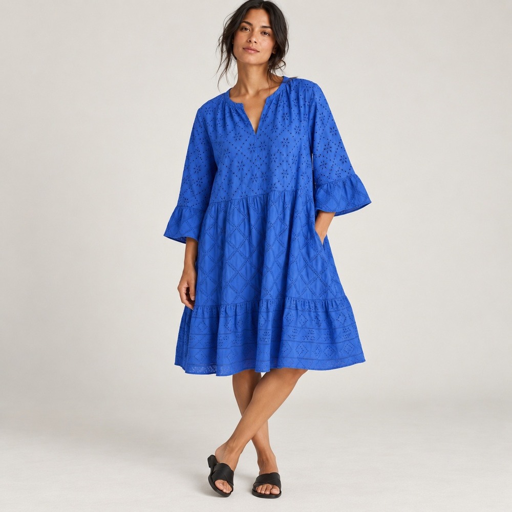 J. Jill tiered eyelet dress split v neck womens 3X plus size lagenlook lined 3/4